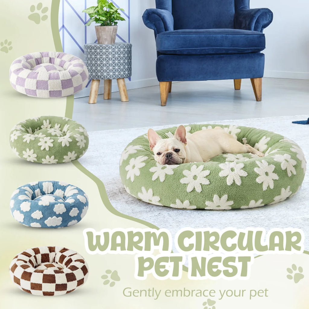 Round Dog Bed With Raised Edges Plush Round Donut Cat Nest With Anti-Slip Bottom Cozy Pet Bed For Small Dogs For Warmth For Cats